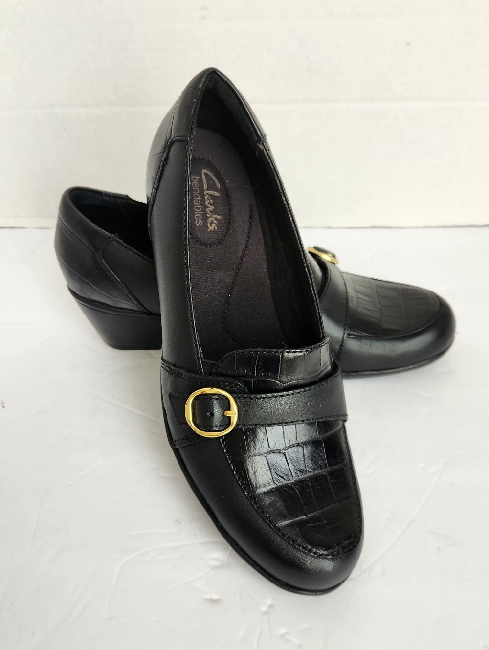 Clarks Black Croc-Embossed Leather Loafers with Gold Buckle